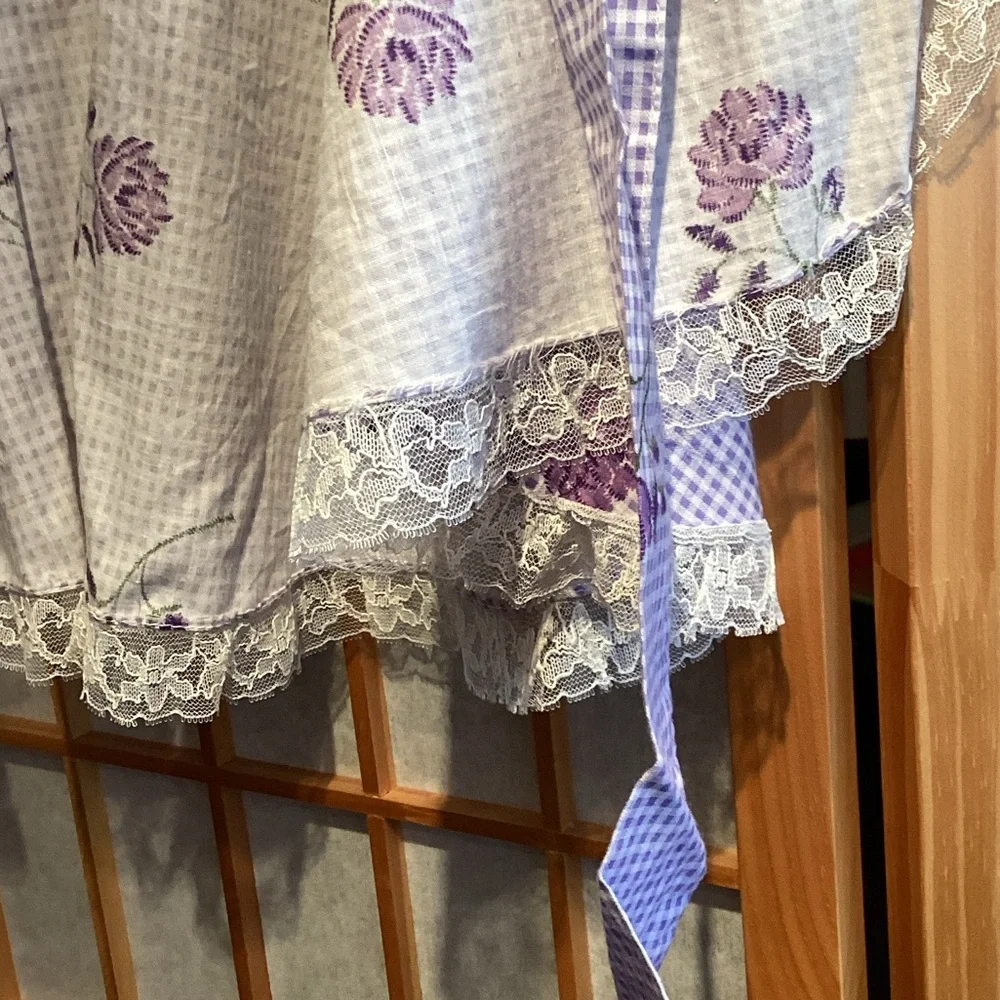 Vintage Handmade Purple Floral and Gingham Half Apron with White Lace Trim